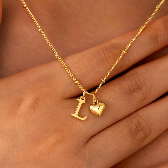 Adjustable 14K Gold Plated Heart Initial Pendant Necklace - Elegant Jewelry Gift - Picture 5 of 7